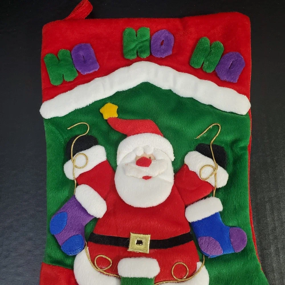 HO HO HO‎ Velour Plush Christmas Stocking Applique Santa Hanging Mittens 19